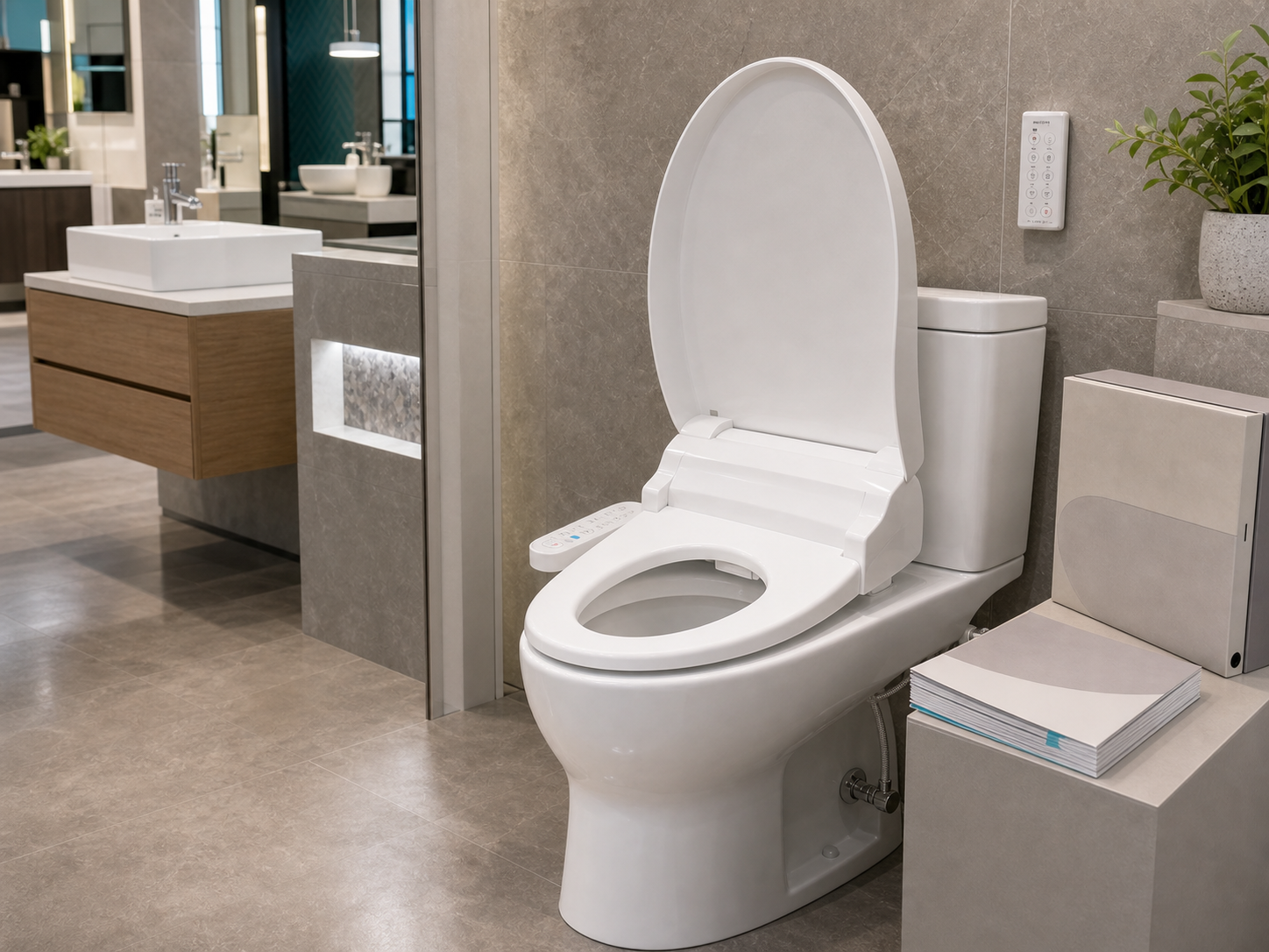 Concept image of a Wei Yao AF-series bidet seat installed on a demo toilet in a distributor showroom